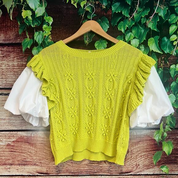 Entro Twofer Puff Short Sleeve Knit Blouse Medium Sweater Lime Green Preppy - Picture 2 of 6